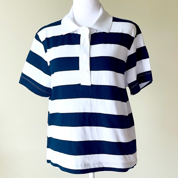 H&M EUC Ladies Polo Cotton Short Sleeve Navy and White Striped Shirt - Picture 2 of 5